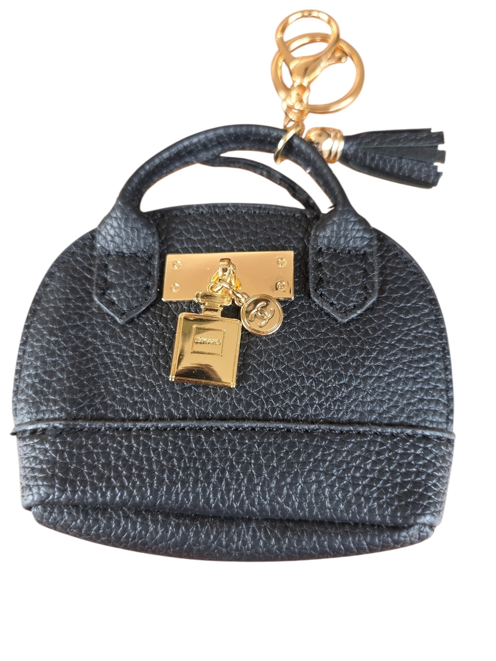 Black Leather Mini Handbag Keychain with Gold Hardware